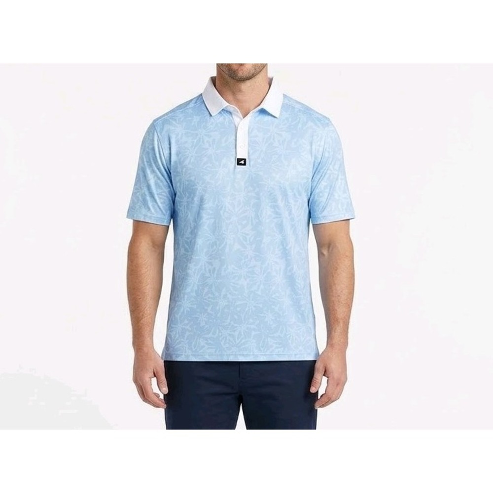 surfcuz Mens Blue/White Floral Tropical Polo Shirt Short Sleeve Button Collar